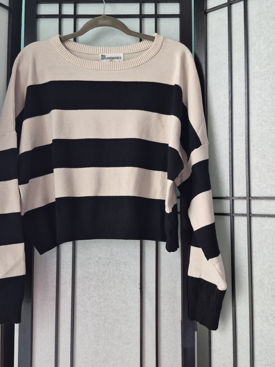 No Boundaries Sweaters - No Boundaries Women's Black and Cream Striped Pullover Sweater
